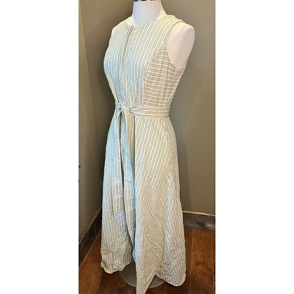 Ann Mashburn Full Zip Sleeveless Green/Cream Belted Pocket Midi Dress L 100% Cot